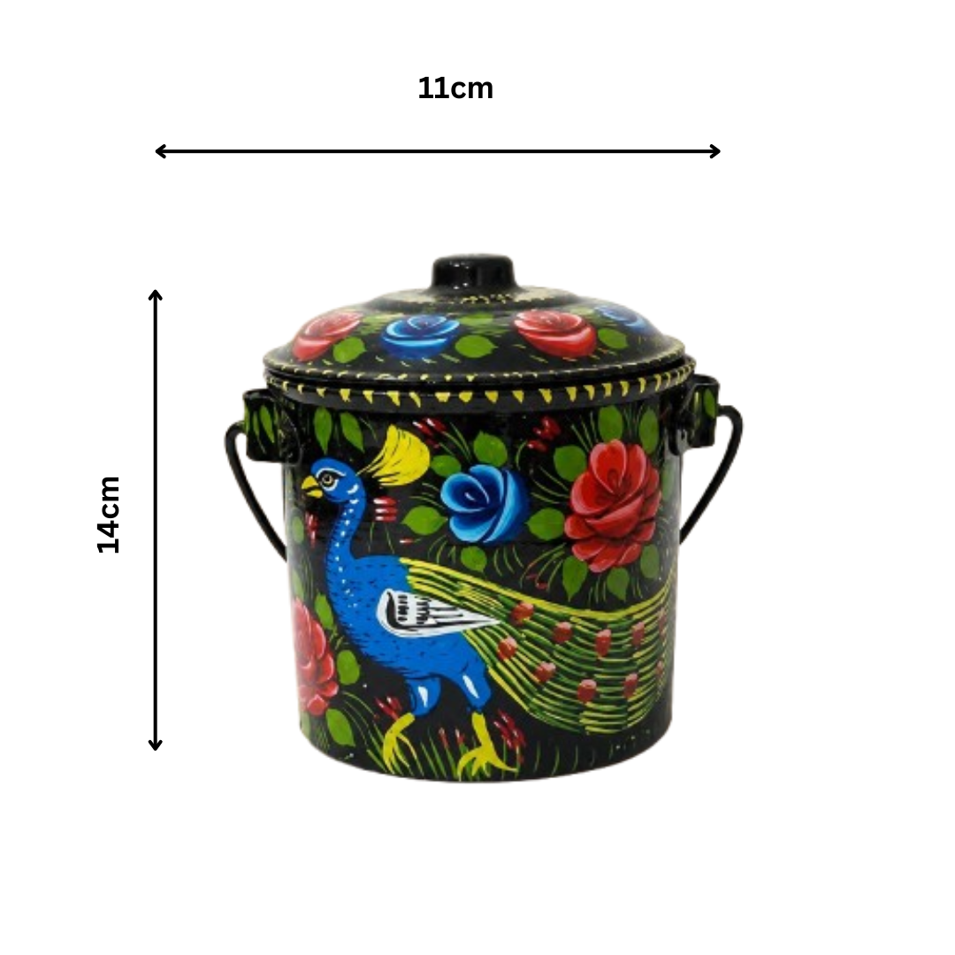 Handpainted black bucket (L14cm x W11cm) , best artwork bucket , Pakistani handicraft bucket , Decoration piece for home , Best gift for housewife - Image 2