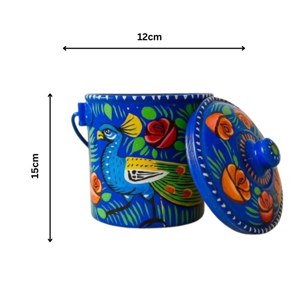 Pakistani handcraft bucket (L15cm x W12cm) , truck art bucket , Peacock design bucket , Sugar storage bucket , Best gift for love one - Image 2