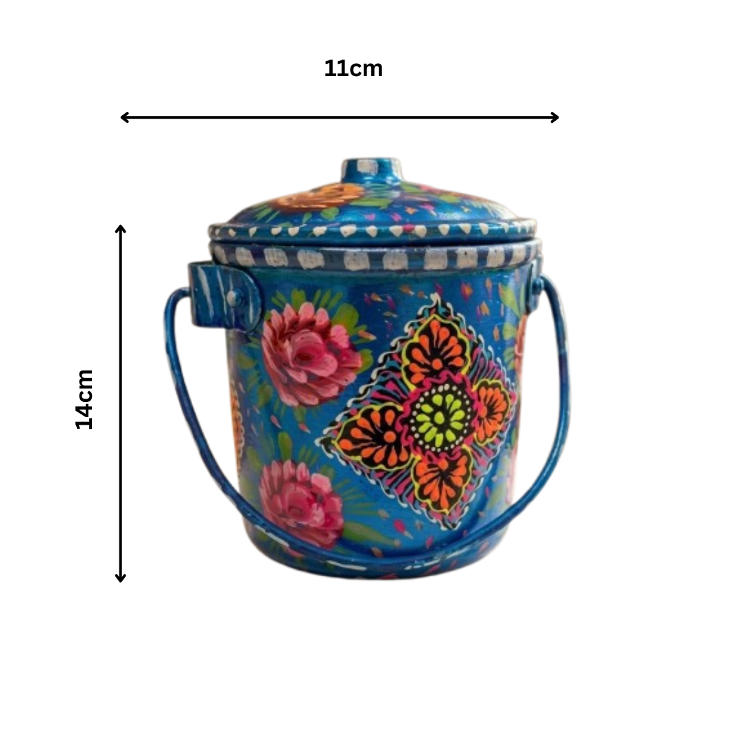 Pakistani bundi work Bucket (L14cm x W11cm) , Hand painted oil storage bucket , Best for plant bucket , Bundi blue metal bucket , Best decor for living room , Best gift for mother , Strong metal bucket - Image 2