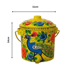 Truck Art Yellow Bucket (L14cm x W11cm) , Pakistani Handicraft Bucket, Hand Painted Peacock Design Storage Bucket with Lid, Best Home Decor