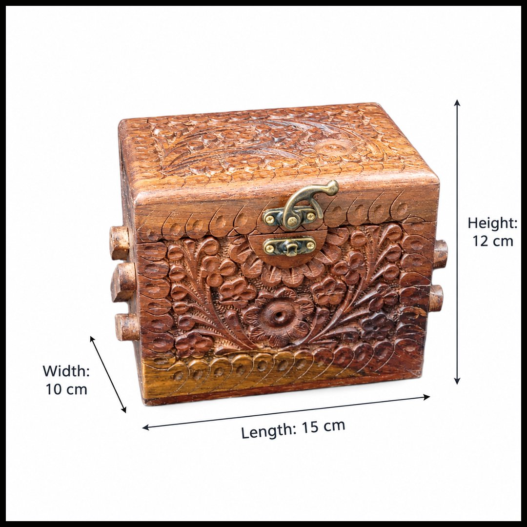 3-Layer Wooden Jewellery Box – Traditional Carved Storage & Organizer (Size: Length-15cm, Width-10cm, Height-12cm)