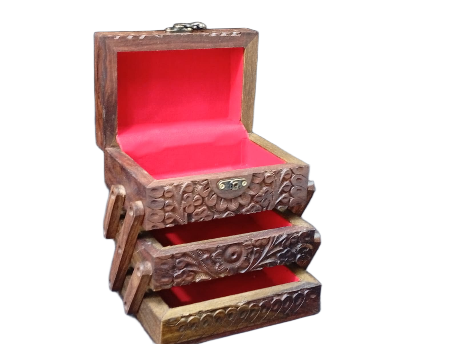 3-Layer Wooden Jewellery Box – Traditional Carved Storage & Organizer (Size: Length-15cm, Width-10cm, Height-12cm) - Image 6