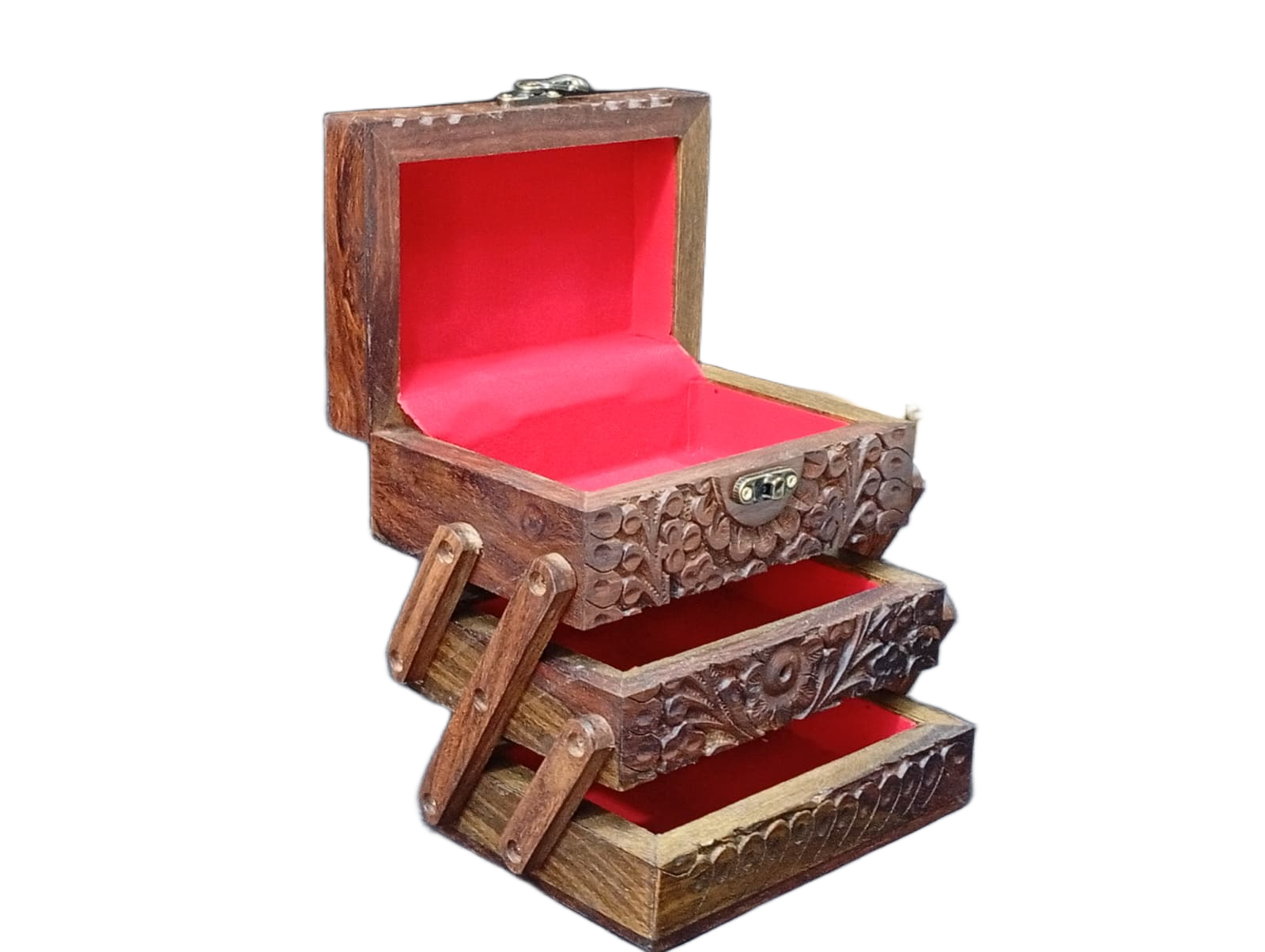 3-Layer Wooden Jewellery Box – Traditional Carved Storage & Organizer (Size: Length-15cm, Width-10cm, Height-12cm) - Image 4