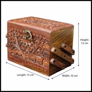 3-Layer Wooden Jewellery Box – Traditional Carved Storage & Organizer (Size: Length-15cm, Width-10cm, Height-12cm)